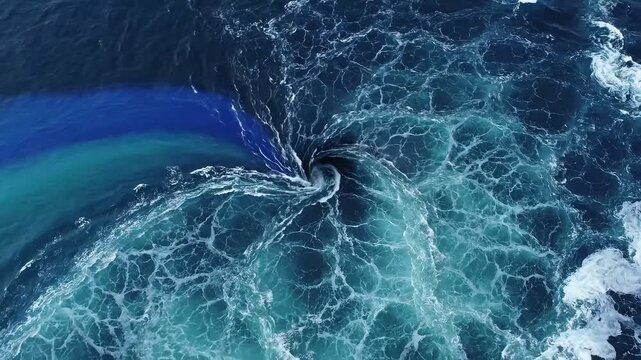 Aerial view of a massive natural maelstrom in the ocean, showcasing a powerful and mesmerizing water vortex with swirling currents