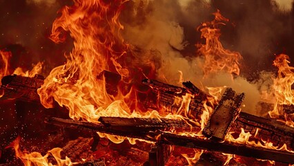 Obraz premium Blank wooden table with fire and smoke concept. Vivid flames engulf wooden logs creating a mesmerizing fire.