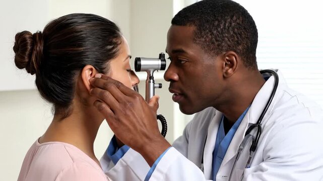 African american male ophthalmologist examining a female patient's eyes with an ophthalmoscope during a medical appointment, checking for vision problems and health issues in a clinic