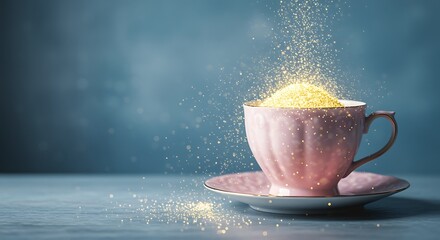 Pink teacup overflowing with sparkling golden glitter on saucer