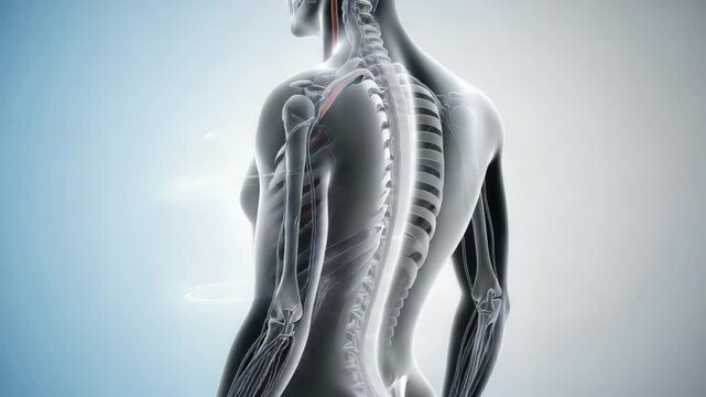3D anatomical illustration of human torso highlighting skeletal structure and internal organs