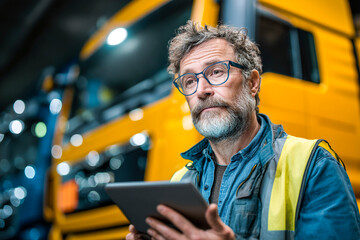 Reviewing shipping paperwork on a tablet near trucks in a logistics facility Generative AI