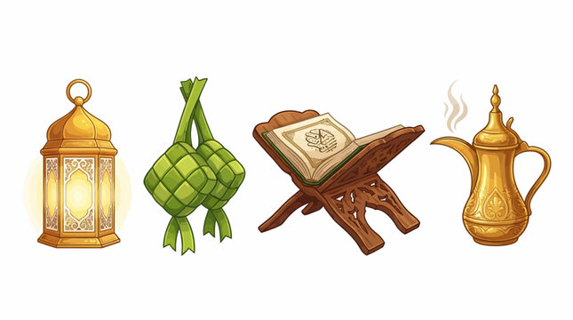 Ramadan vector illustration with lantern, ketupat, Quran, and Arabic coffee pot &ndash; Islamic cultural symbols for Eid, fasting, prayer, and celebration