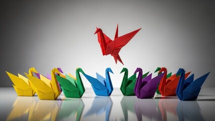 Innovative red origami bird soars above a vibrant flock of diverse paper swans, symbolizing revolutionary leadership and inspiring individuality