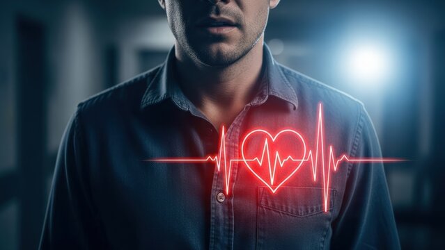 Man experiencing heart attack symptoms with glowing red heart and EKG line illuminating his chest, symbolizing cardiovascular health risks