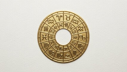 Fototapeta premium A golden, circular astrological sign with the zodiac signs of the signs of the zodiac, set against a white background.