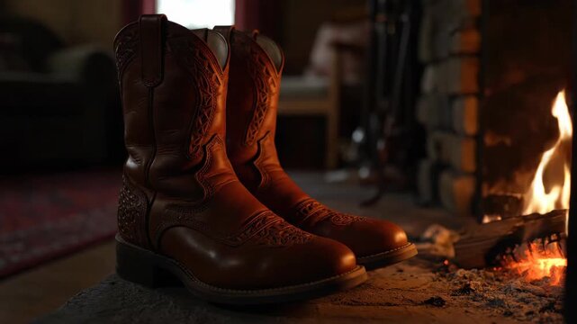Pair of Cowboy Boots Beside a Burning Fireplace