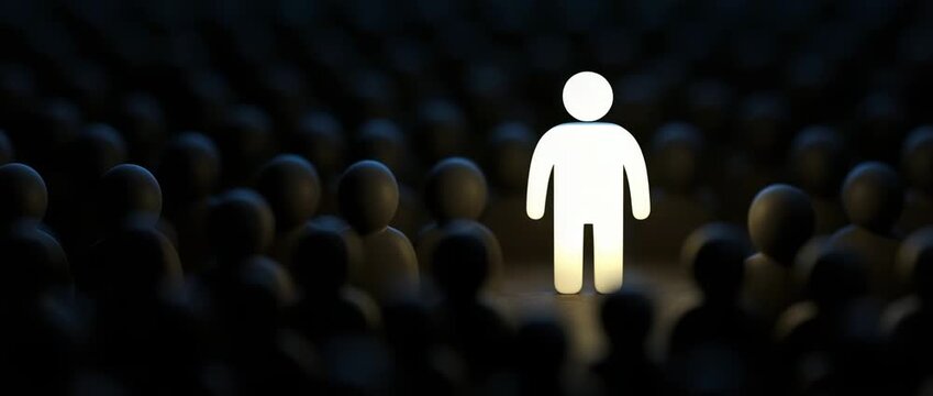 Bright glowing human figure stands out among many dark indistinct crowd silhouettes