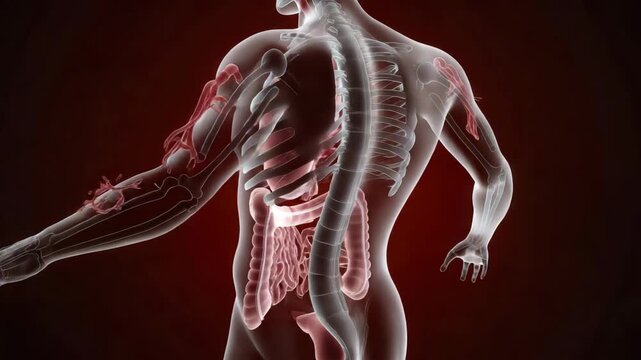 3D Render of Human Anatomy Highlighting Skeletal and Digestive Systems Isolated on Transparent Background