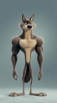 Full-body portrait of a muscular body builder cartoon wolf standing confidently on a plain background with a strong and powerful mood.