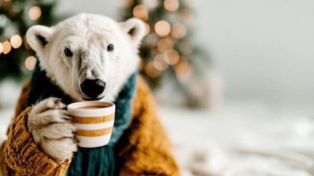 A whimsical polar bear in a knit scarf holds a mug while sitting in a cozy indoor setting, portraying a captivating blend of humor and warmth during the festive season.