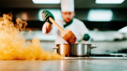 An energetic chef crafts a stunning dish in a bustling kitchen environment, showcasing culinary skill and creativity through an array of techniques and passionate expression.