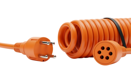 Close-up of coiled orange cable, with two different plugs on each end; one male, one female