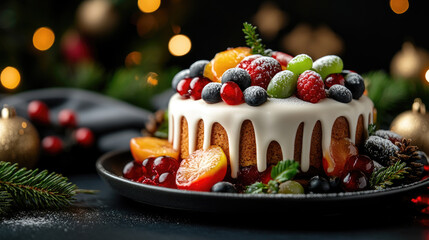 Elegant holiday dessert featuring a creamy base with flowing caramel sauce, garnished with fresh kiwi slices, ripe blackberries, and tart red cranberries, surrounded by festive evergreens