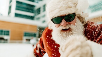 A playful image of Santa Claus wearing sunglasses, enjoying a snowy day, bringing humor and joy to the holiday season, highlighting the fun side of the beloved character.