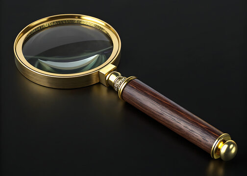 Gold Magnifying Glass with Wooden Handle Isolated on Black Background