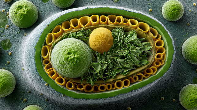 Mitochondria concept ,Green mitochondria chloroplast plant cell organelle biology structure science detailed vibrant macro