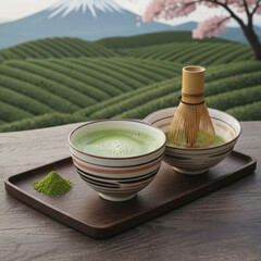 抹茶を点てる写真。抹茶と茶畑と山と桜。自然。写真
