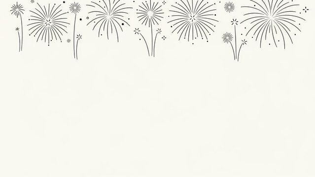A white background with a black outline of a fireworks display, featuring multiple bursts of light and stars.