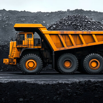 Side view of modern yellow coal transport truck on industrial site