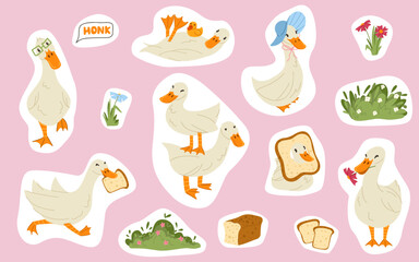 Cute goose cartoon sticker set with funny duck characters. Cottage core. Adorable geese vector hand drawn illustration for spring sticker pack, packaging, branding, postcards, scrapbooking, journaling
