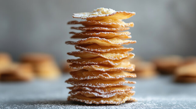 Kransekake Christmas pyramid of stacked almond rings dusted with powdered sugar on gray background, traditional Scandinavian festive pastry, elegant rustic holiday dessert