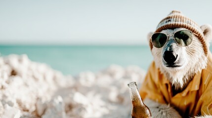 A unique and humorous take on relaxation, this image features a polar bear lounging on the beach in sunglasses and a casual shirt, enjoying a beverage by the ocean.