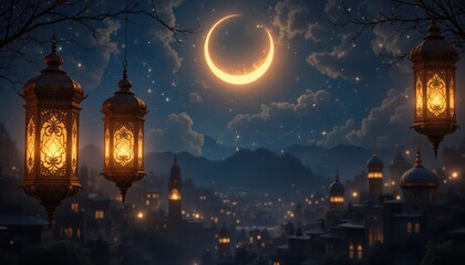 Fototapeta premium Glowing Arabic Lanterns in the Foreground with a Crescent Moon and Mountain Village at Night