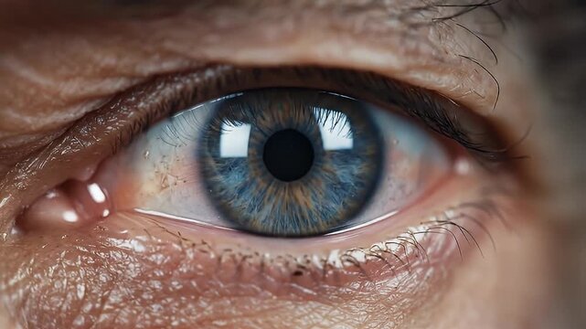 Close-Up of Human Eye with Blue Iris and Reflection.