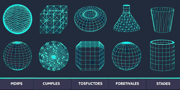 Wireframe models of various geometric shapes and objects