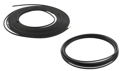 Two coiled, black cables against a pure black background. One coil is larger, partially above the smaller one, which is fully visible