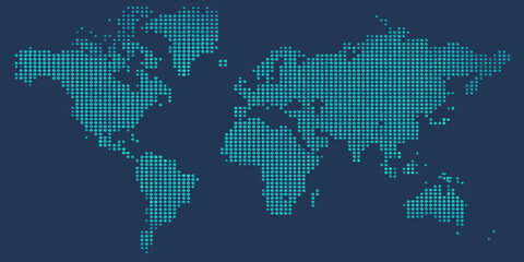 a teal pixelated map of the world on a dark blue background