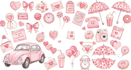 Fototapeta premium Whimsical pink valentine s day themed illustrations with a vintage car