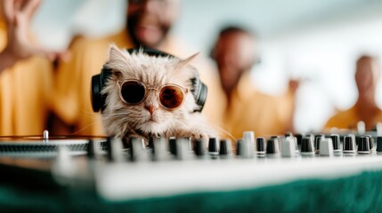 A funny scene of a cat wearing headphones playing DJ at a lively party, reflecting humor and the lighter side of social gatherings and entertainment.