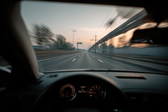 A serene urban highway unfurls as dusk settles, with motion blur enhancing the feeling of speed and freedom in the journey - Powered by Adobe
