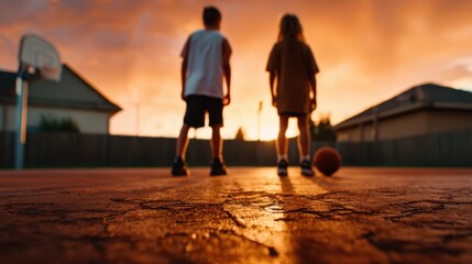 Two children stand silhouetted against a stunning sunset backdrop on a basketball court, capturing the anticipation and excitement of play and childhood love for sports.