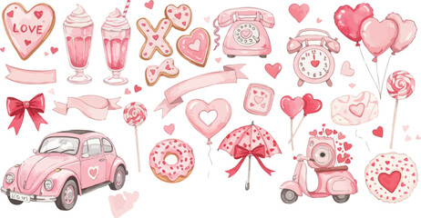 Valentine s day illustrations with pink vehicles and sweet treats on white background