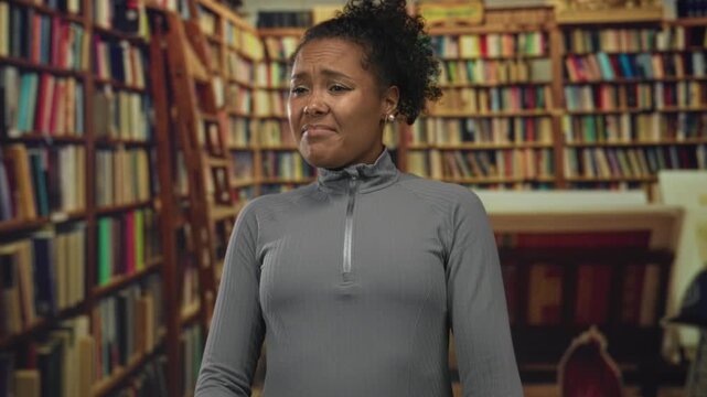 Young african american woman in gray sweater pushes palms forward in a quiet old library; disgust personal space.