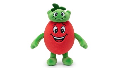 Obraz premium A red and green plush toy, resembling a tomato, with a smiling face and green arms and legs, standing upright against a white background.