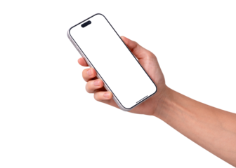 Hand holding smartphone mockup with transparent screen isolated on transparent background. Mobile phone with empty display for copy space.