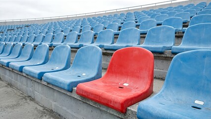 Fototapeta premium Empty Stadium Seats With One Red Seat Standing Out 2.