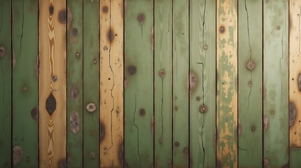 A close-up view of a weathered wooden plank wall with peeling green paint