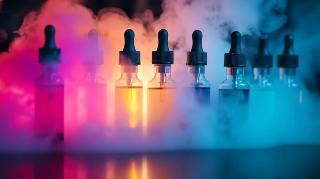  liquid bottles with various flavors and nicotine levels standing in a row in thick smoke