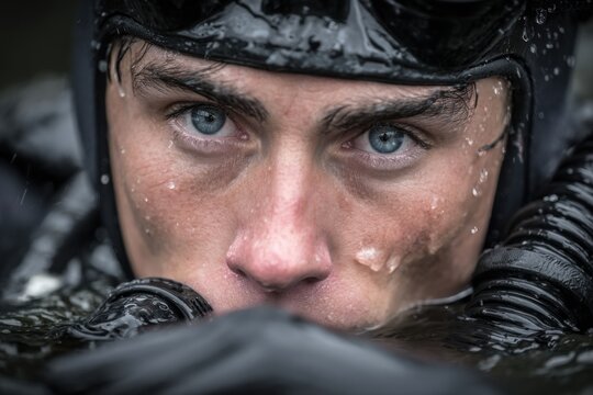 A swimmer with striking blue eyes prepares for underwater training, water droplets glistening on his face in the soft morning light - Powered by Adobe