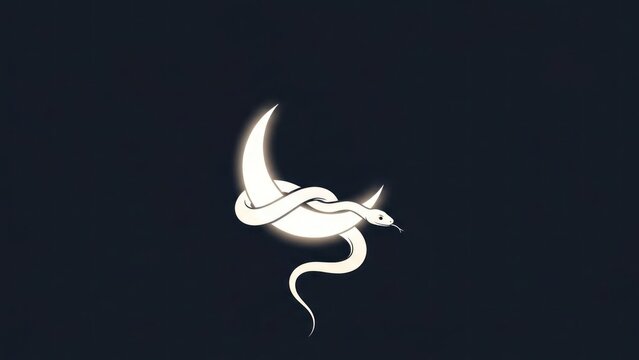A white snake with a glowing tail, coiled around a crescent moon, against a dark background.