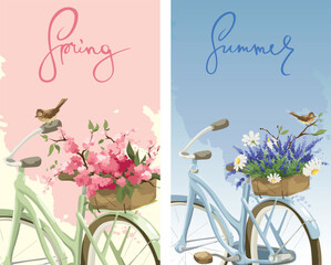 Retro bike with baskets of flowers. Set narrow vertical vector banners spring flowers, lavender, chamomile and little bird, spring and summer time.