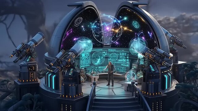 Astronomer explores futuristic observatory with telescopes and glowing blue circuits at night.