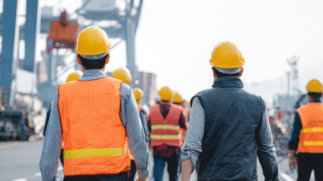A group of construction workers wea safety vests and helmets walk together at a shipping yard facility du their work day outdoors.