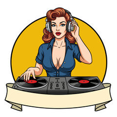A vibrant pop art illustration depicts a glamorous red-haired DJ in a blue shirt spinning vinyl on a turntable, framed by a yellow circle and a blank ribbon banner for custom text