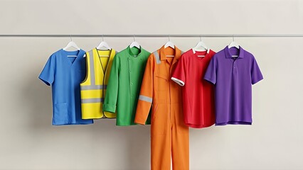 Fototapeta premium Collection of Workwear Garments Hanging on a Rack.